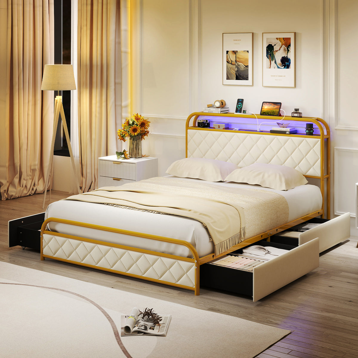 Twin/Full/Queen Size Bed Frame with LED Lights and Charging Station Gold-Full Size-Simple Bed Frame-DECOROLALA