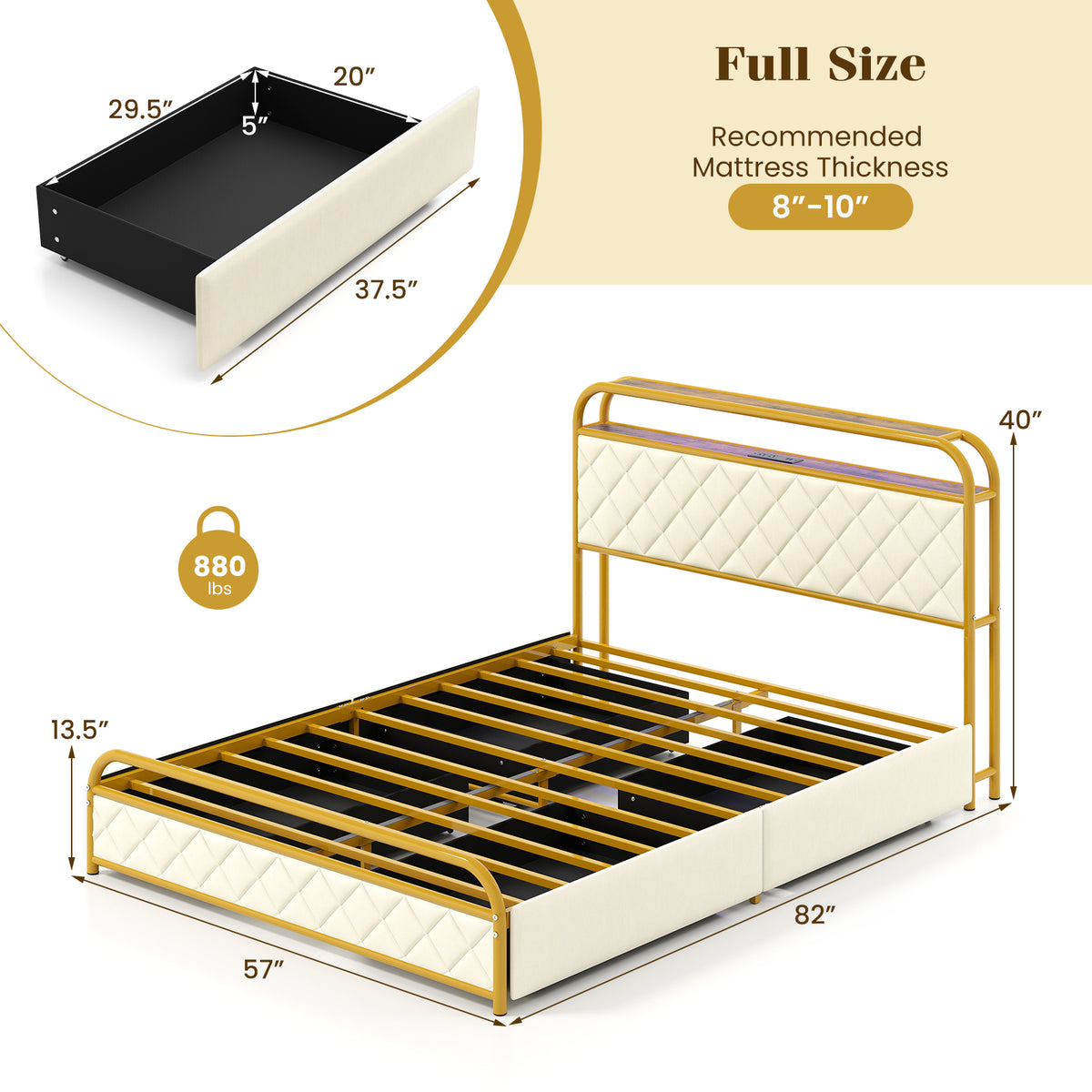 Twin/Full/Queen Size Bed Frame with LED Lights and Charging Station Gold-Full Size-Simple Bed Frame-DECOROLALA
