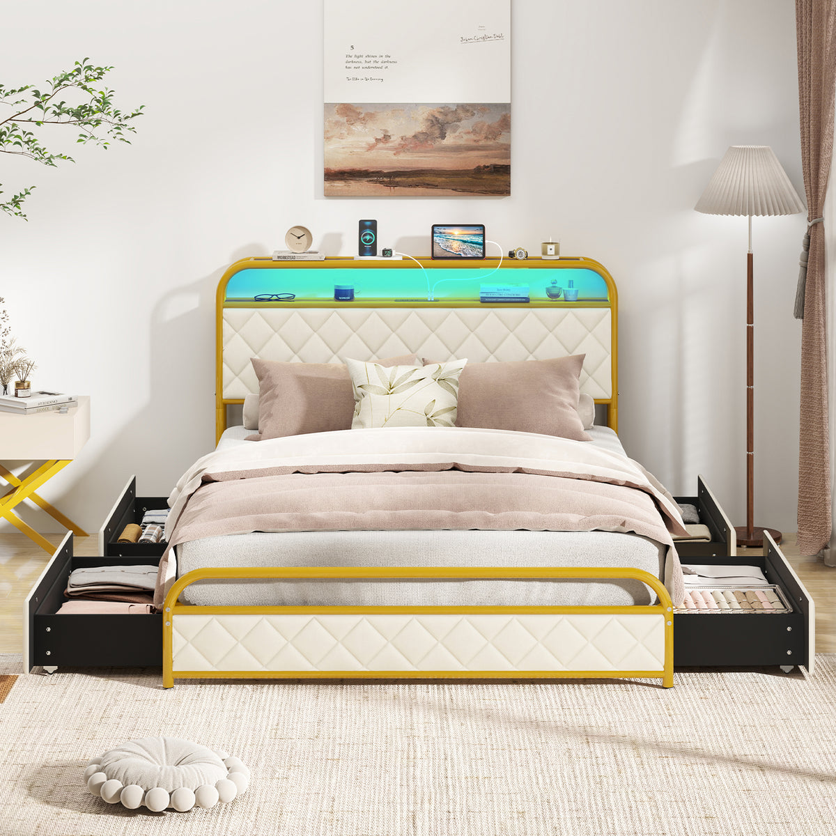 Twin/Full/Queen Size Bed Frame with LED Lights and Charging Station Gold-Full Size-Simple Bed Frame-DECOROLALA