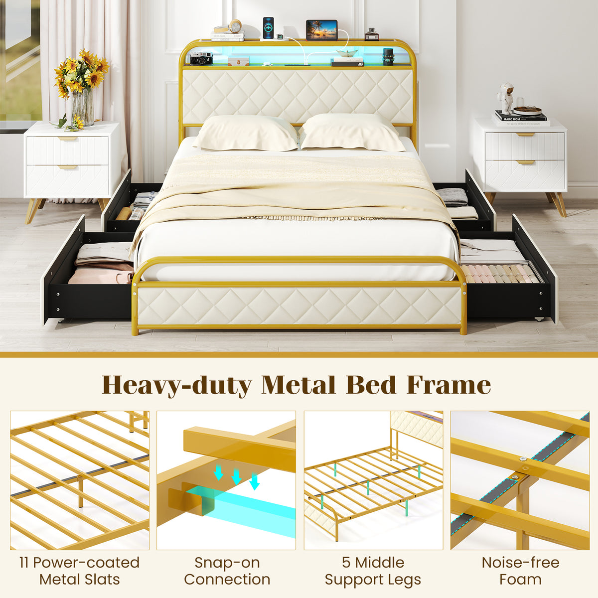 Twin/Full/Queen Size Bed Frame with LED Lights and Charging Station Gold-Full Size-Simple Bed Frame-DECOROLALA