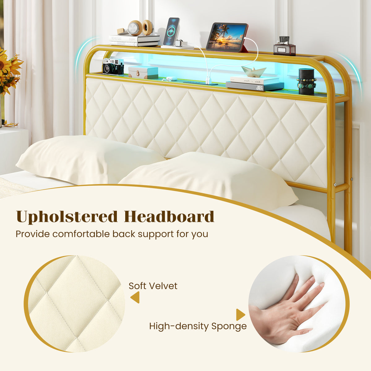 Twin/Full/Queen Size Bed Frame with LED Lights and Charging Station Gold-Full Size-Simple Bed Frame-DECOROLALA