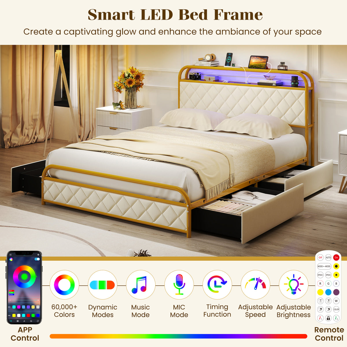 Twin/Full/Queen Size Bed Frame with LED Lights and Charging Station Gold-Full Size-Simple Bed Frame-DECOROLALA