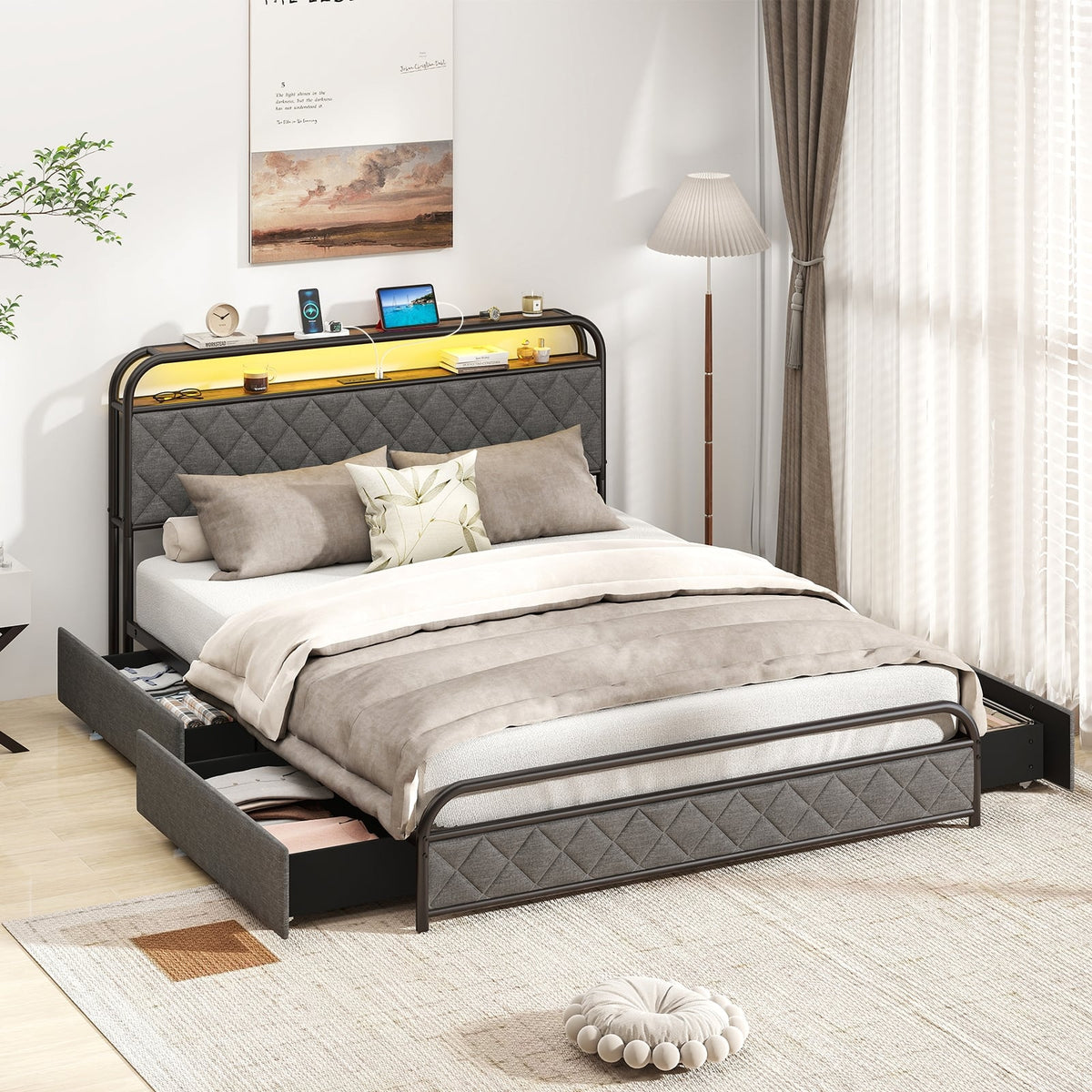 Twin/Full/Queen Size Bed Frame with LED Lights and Charging Station-Queen Size-Simple Bed Frame-DECOROLALA