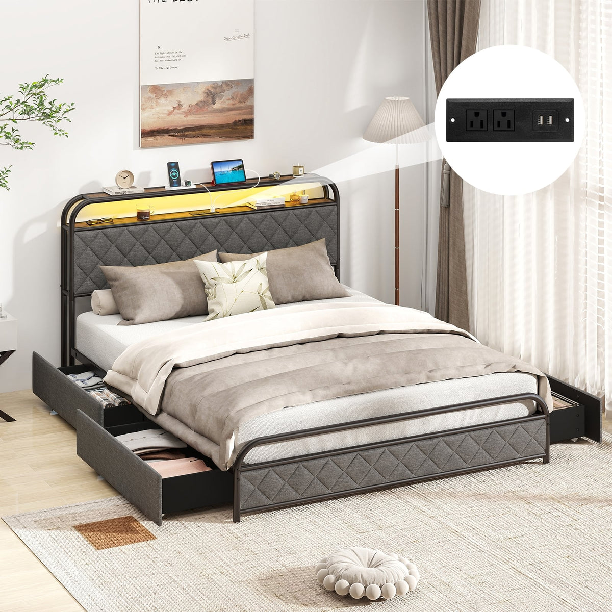 Twin/Full/Queen Size Bed Frame with LED Lights and Charging Station-Queen Size-Simple Bed Frame-DECOROLALA