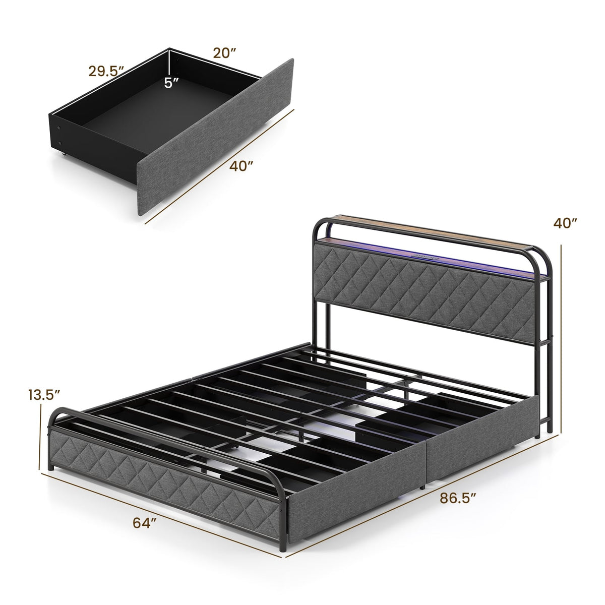Twin/Full/Queen Size Bed Frame with LED Lights and Charging Station-Queen Size-Simple Bed Frame-DECOROLALA