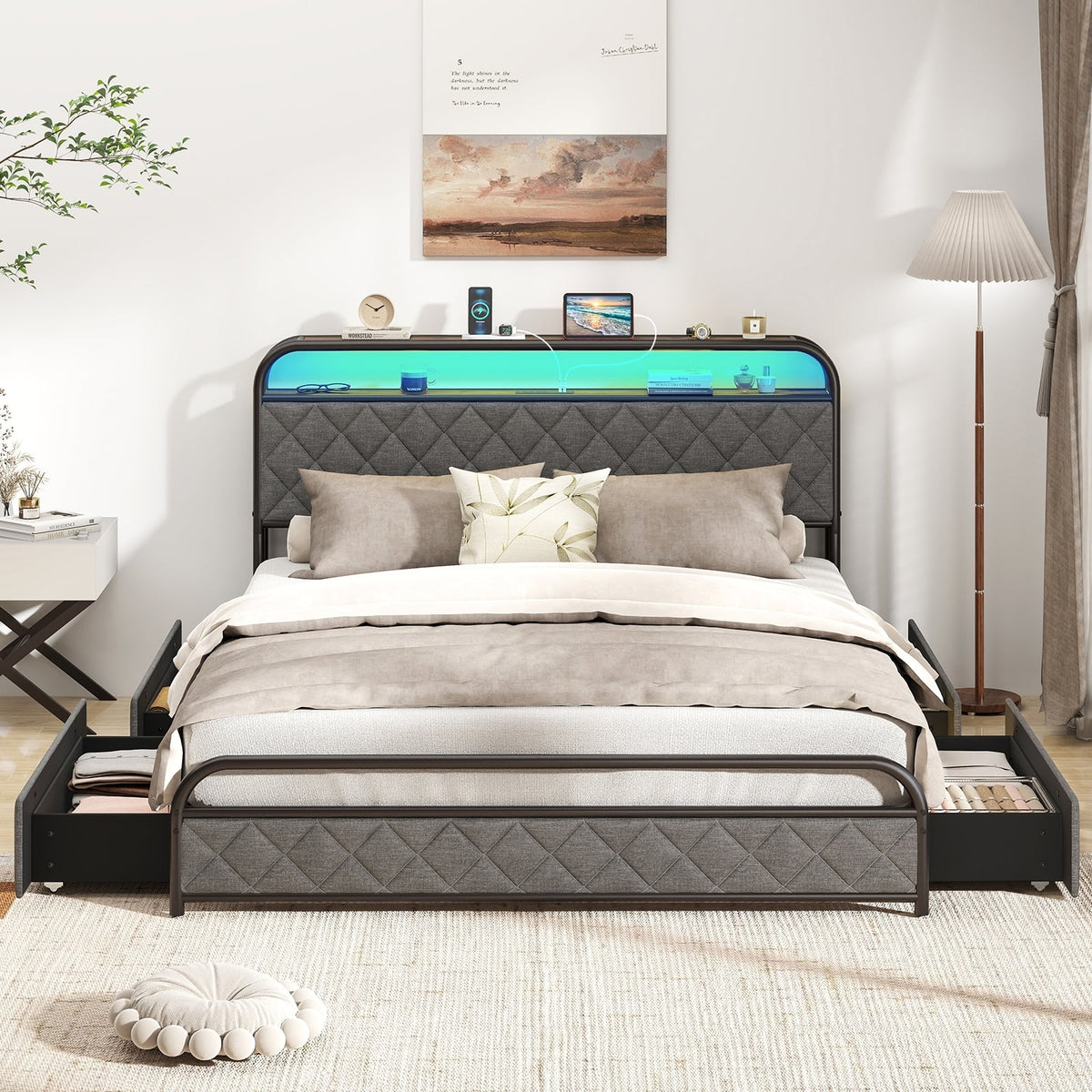 Twin/Full/Queen Size Bed Frame with LED Lights and Charging Station-Queen Size-Simple Bed Frame-DECOROLALA