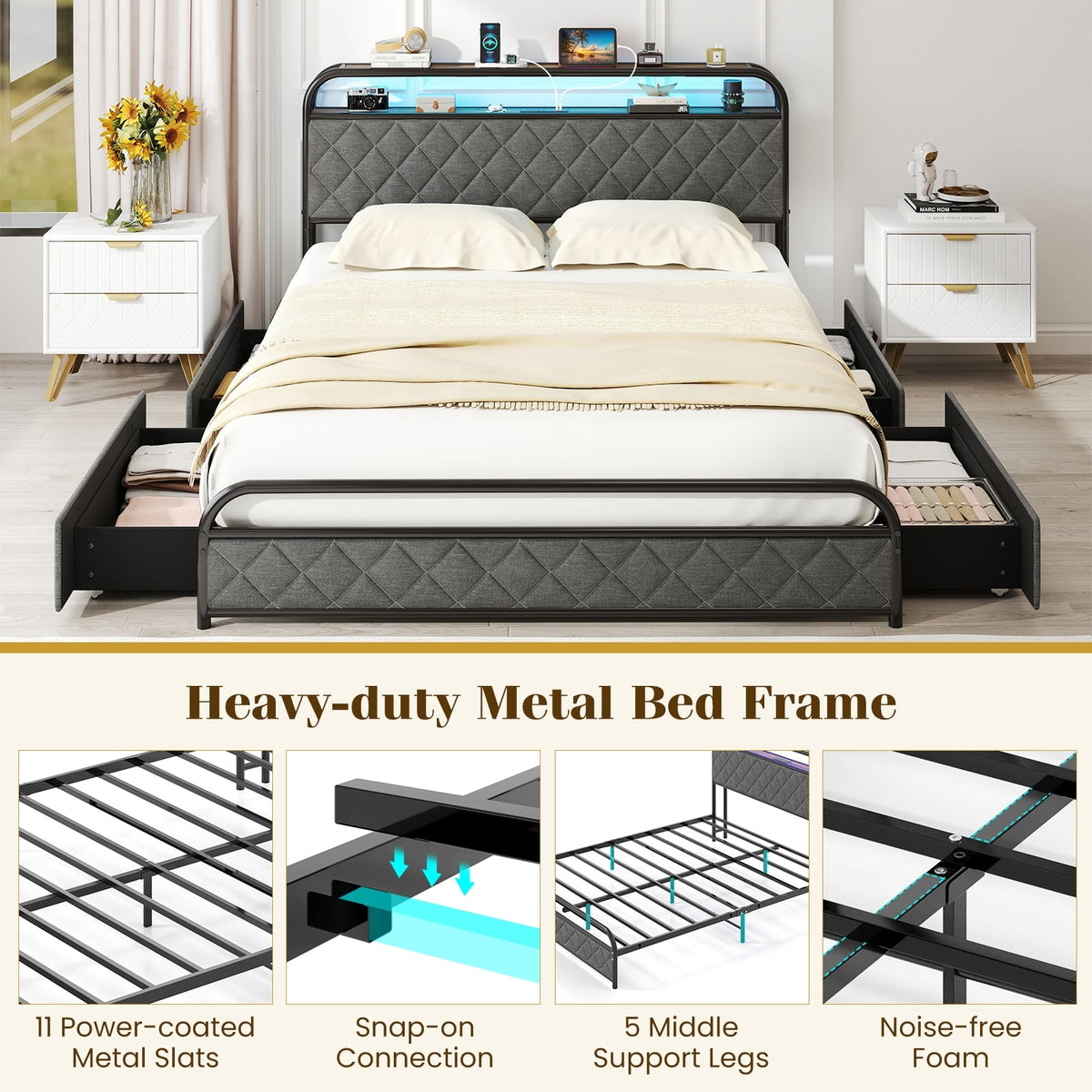 Twin/Full/Queen Size Bed Frame with LED Lights and Charging Station-Queen Size-Simple Bed Frame-DECOROLALA