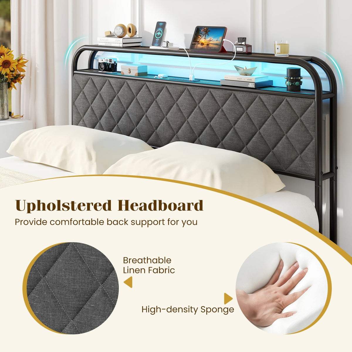 Twin/Full/Queen Size Bed Frame with LED Lights and Charging Station-Queen Size-Simple Bed Frame-DECOROLALA