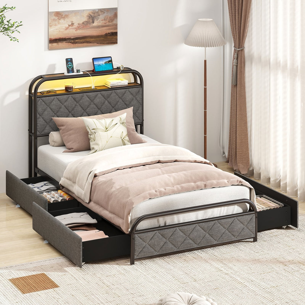 Twin/Full/Queen Size Bed Frame with LED Lights and Charging Station-Twin Size-Simple Bed Frame-DECOROLALA