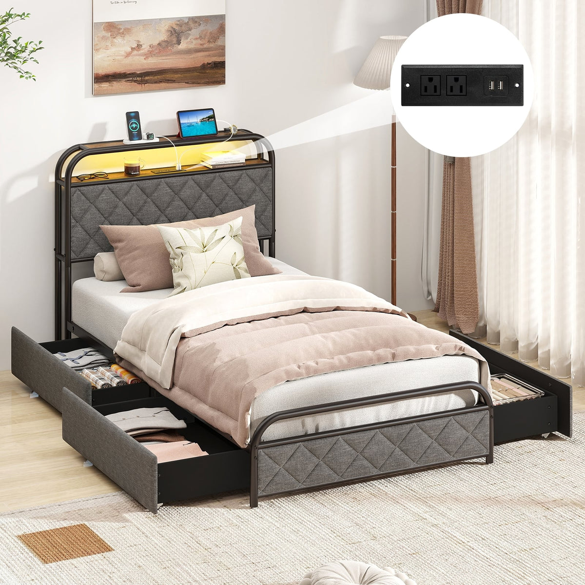 Twin/Full/Queen Size Bed Frame with LED Lights and Charging Station-Twin Size-Simple Bed Frame-DECOROLALA