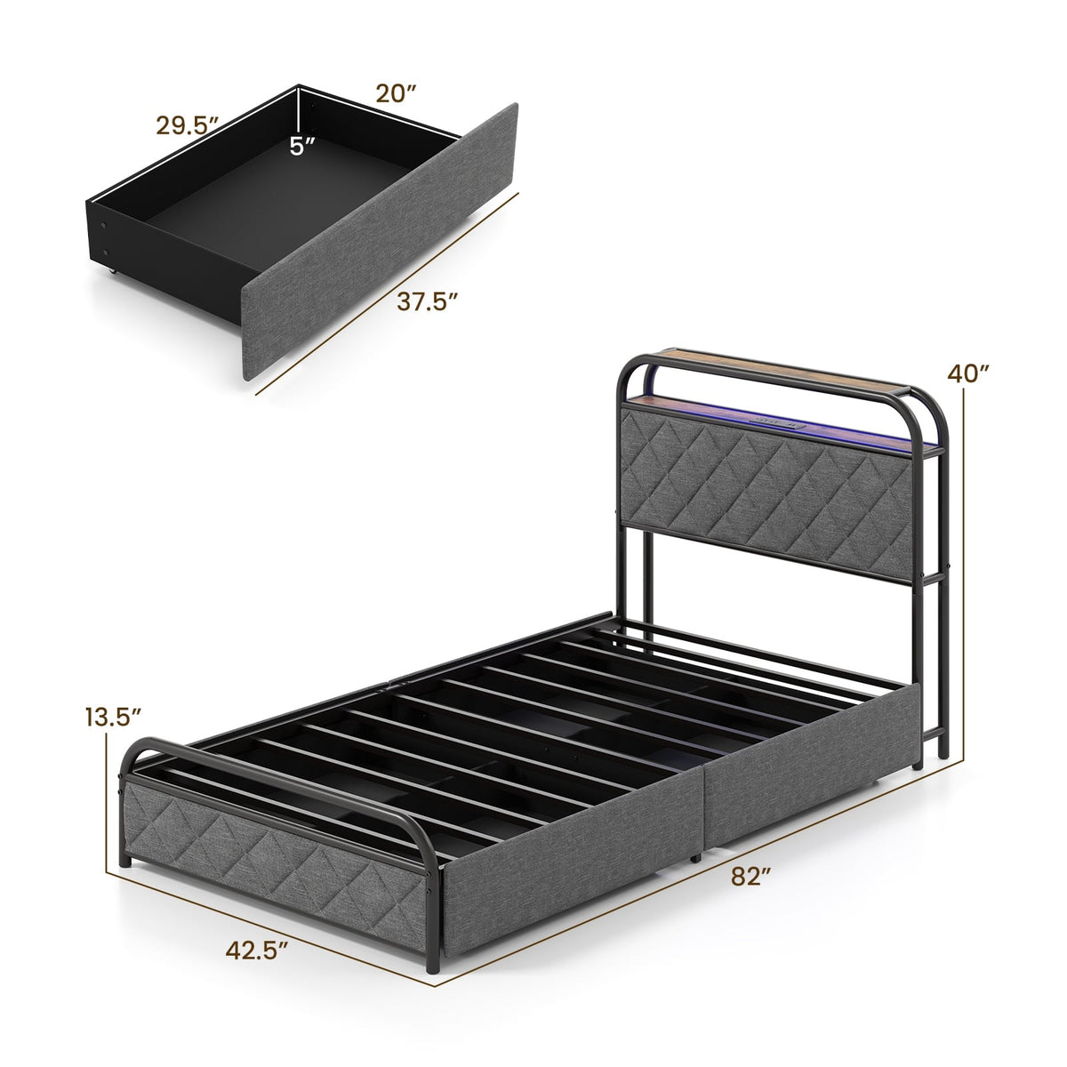 Twin/Full/Queen Size Bed Frame with LED Lights and Charging Station-Twin Size-Simple Bed Frame-DECOROLALA