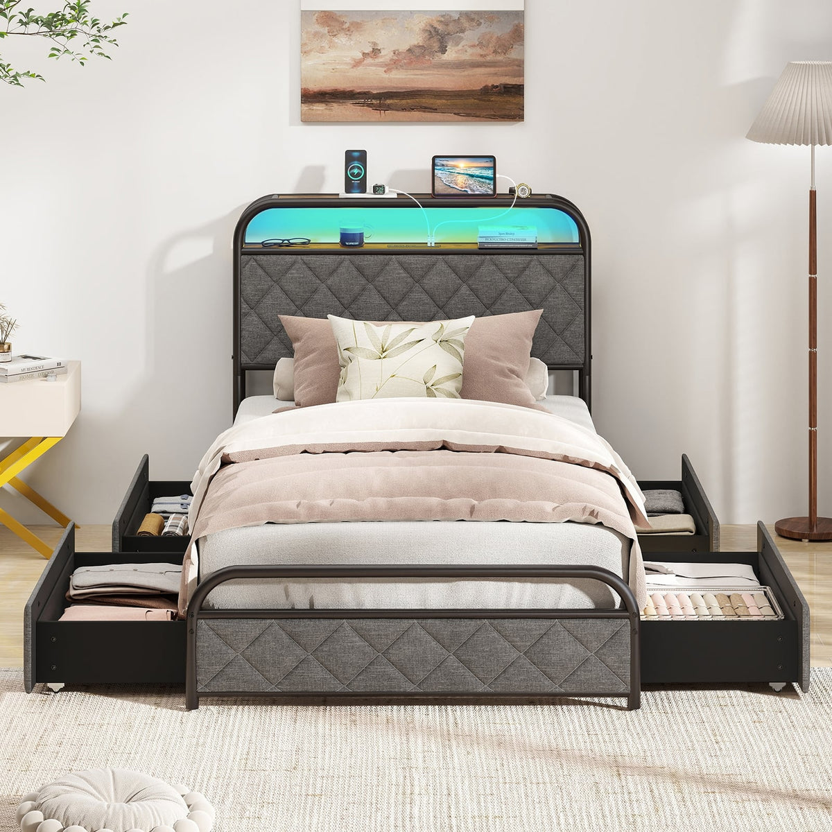 Twin/Full/Queen Size Bed Frame with LED Lights and Charging Station-Twin Size-Simple Bed Frame-DECOROLALA
