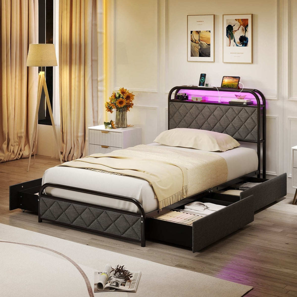 Twin/Full/Queen Size Bed Frame with LED Lights and Charging Station-Twin Size-Simple Bed Frame-DECOROLALA