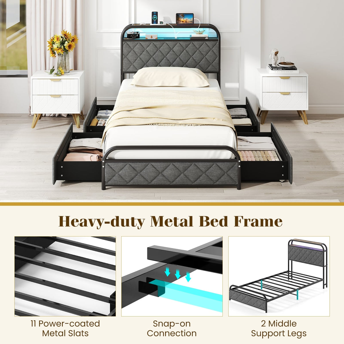 Twin/Full/Queen Size Bed Frame with LED Lights and Charging Station-Twin Size-Simple Bed Frame-DECOROLALA