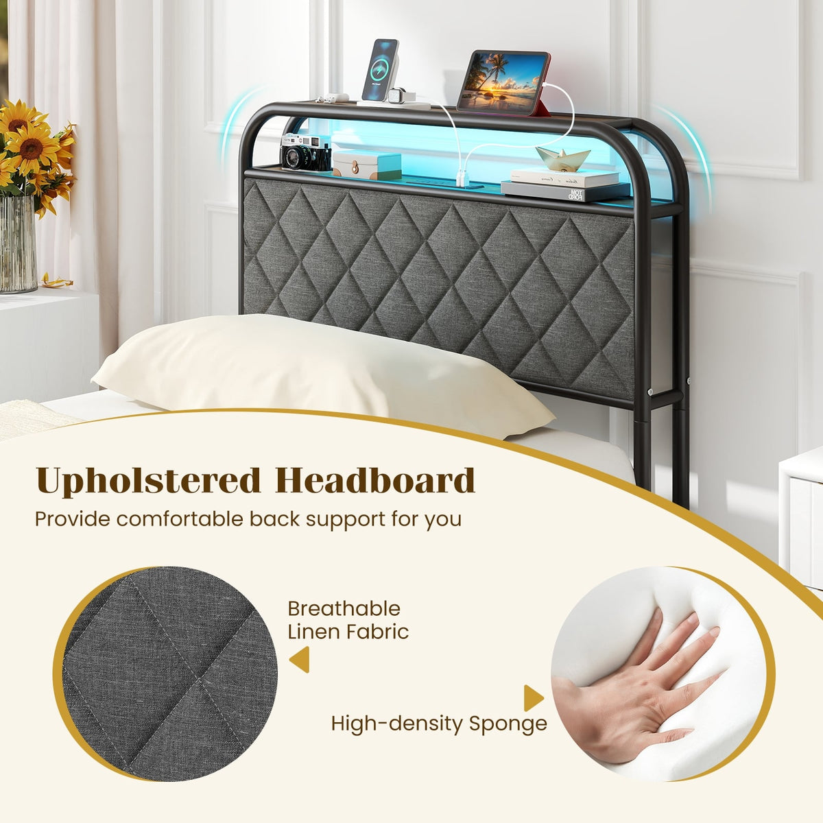 Twin/Full/Queen Size Bed Frame with LED Lights and Charging Station-Twin Size-Simple Bed Frame-DECOROLALA