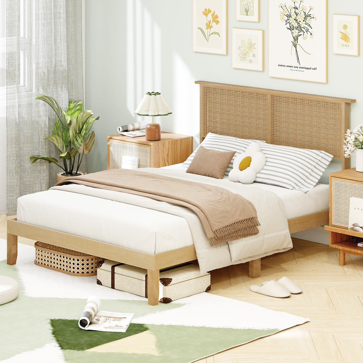 Twin/Full/Queen Size Bed Frame with Rattan Headboard-Full Size-Simple Bed Frame-DECOROLALA