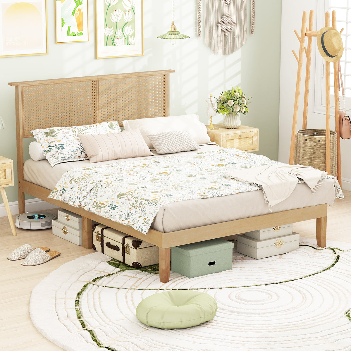 Twin/Full/Queen Size Bed Frame with Rattan Headboard-Full Size-Simple Bed Frame-DECOROLALA