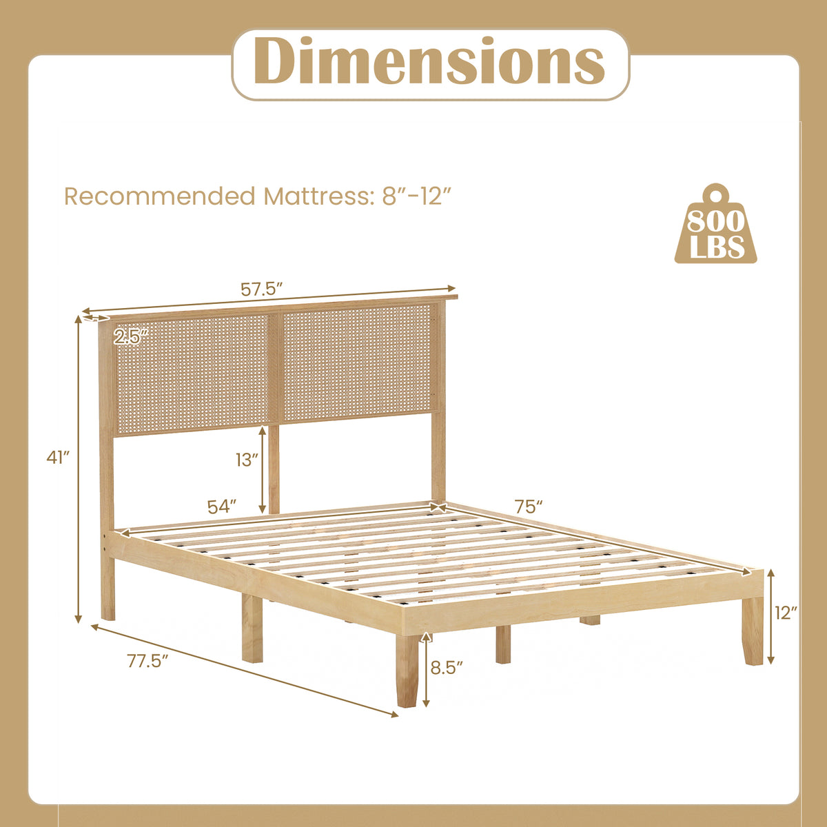 Twin/Full/Queen Size Bed Frame with Rattan Headboard-Full Size-Simple Bed Frame-DECOROLALA