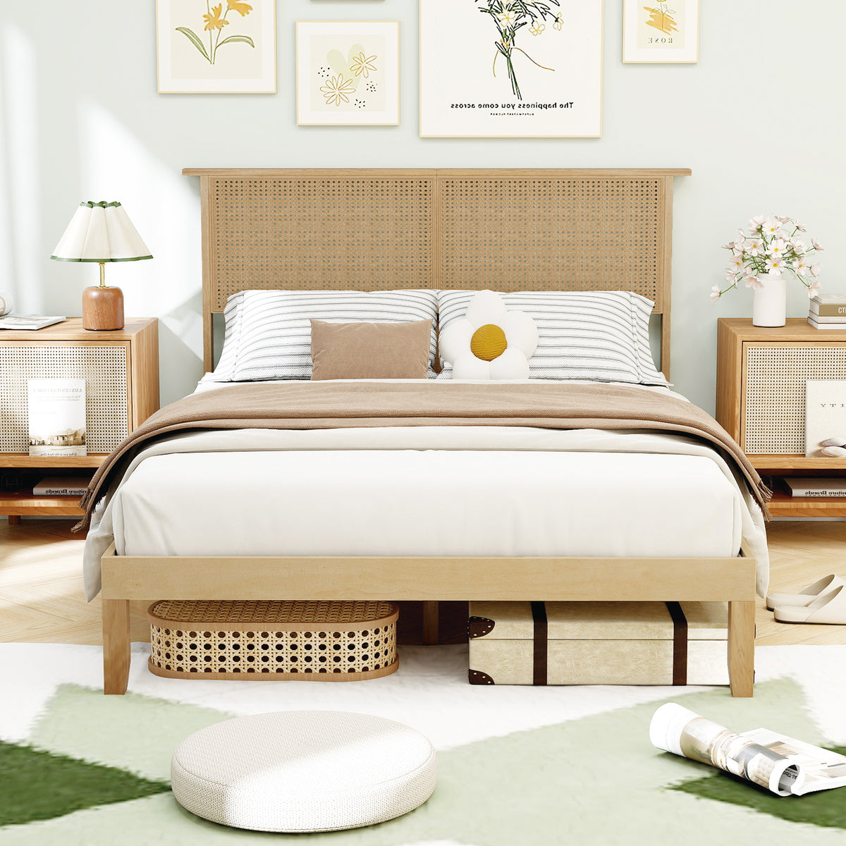Twin/Full/Queen Size Bed Frame with Rattan Headboard-Full Size-Simple Bed Frame-DECOROLALA