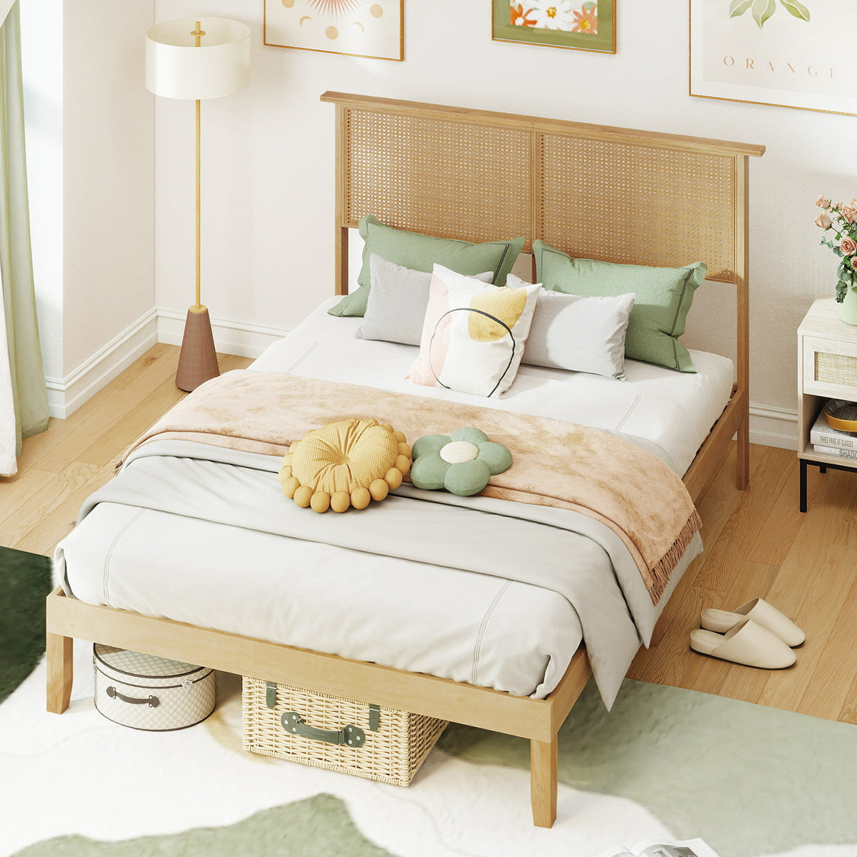 Twin/Full/Queen Size Bed Frame with Rattan Headboard-Full Size-Simple Bed Frame-DECOROLALA