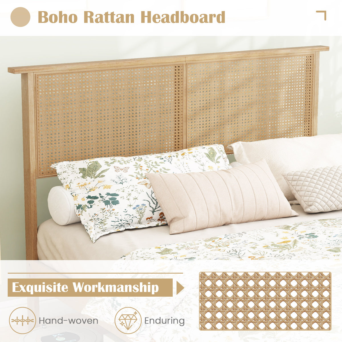 Twin/Full/Queen Size Bed Frame with Rattan Headboard-Full Size-Simple Bed Frame-DECOROLALA