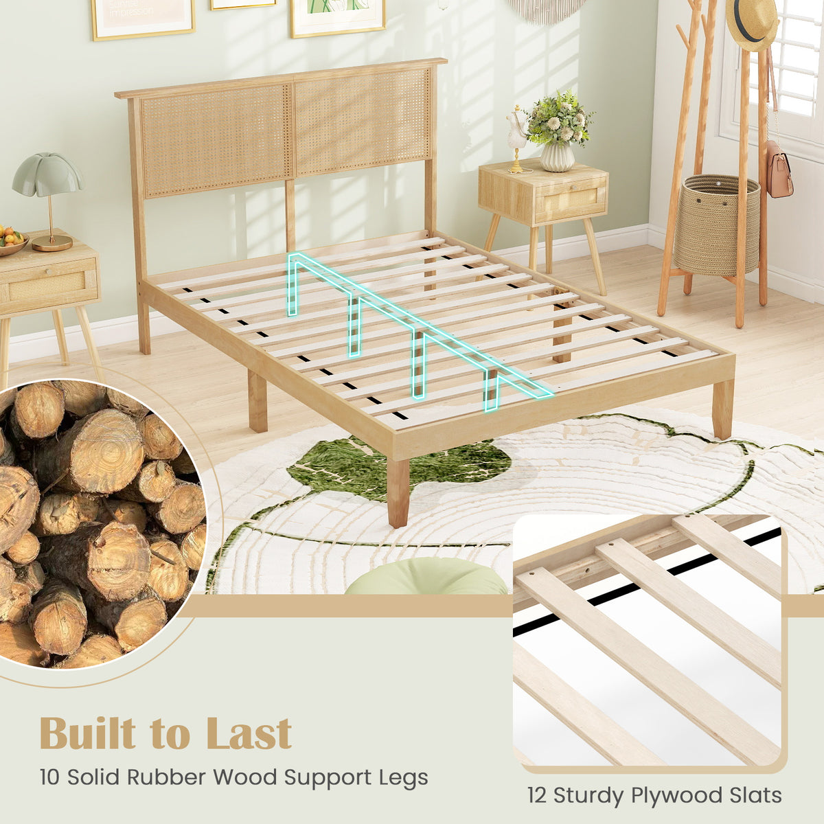 Twin/Full/Queen Size Bed Frame with Rattan Headboard-Full Size-Simple Bed Frame-DECOROLALA