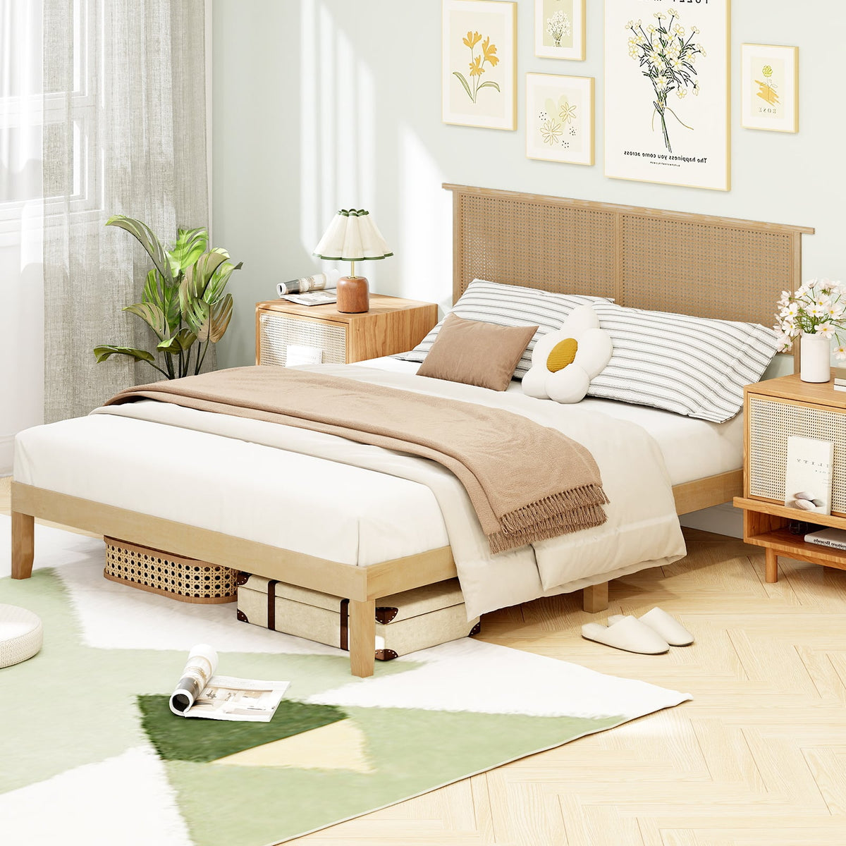 Twin/Full/Queen Size Bed Frame with Rattan Headboard-Queen Size-Simple Bed Frame-DECOROLALA