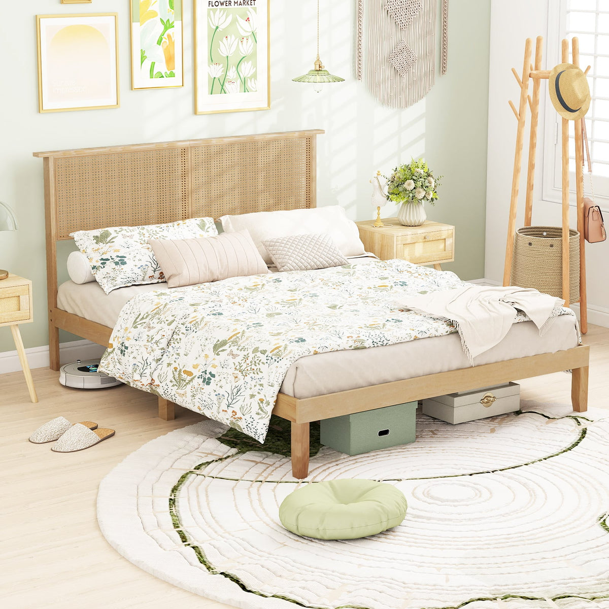 Twin/Full/Queen Size Bed Frame with Rattan Headboard-Queen Size-Simple Bed Frame-DECOROLALA