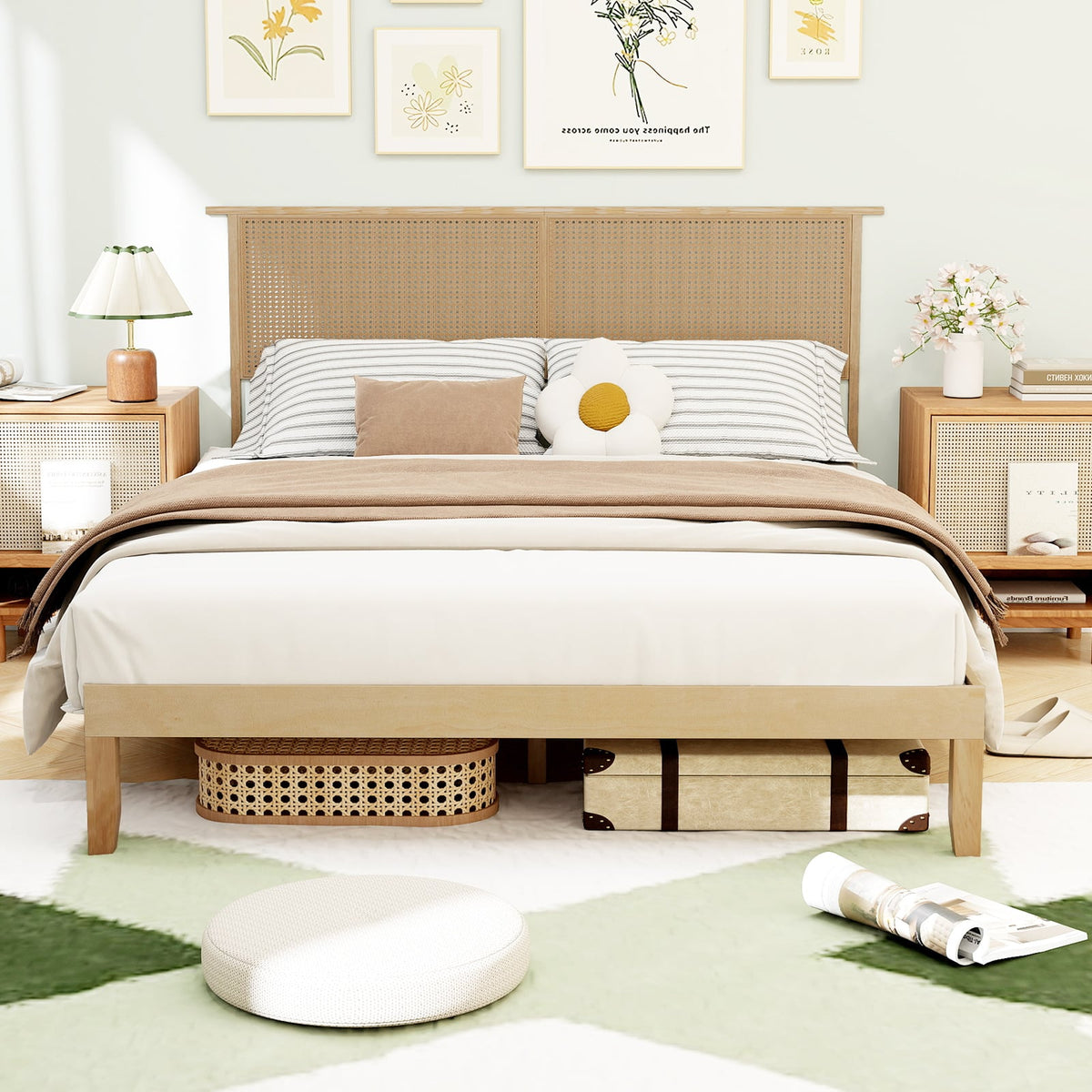 Twin/Full/Queen Size Bed Frame with Rattan Headboard-Queen Size-Simple Bed Frame-DECOROLALA