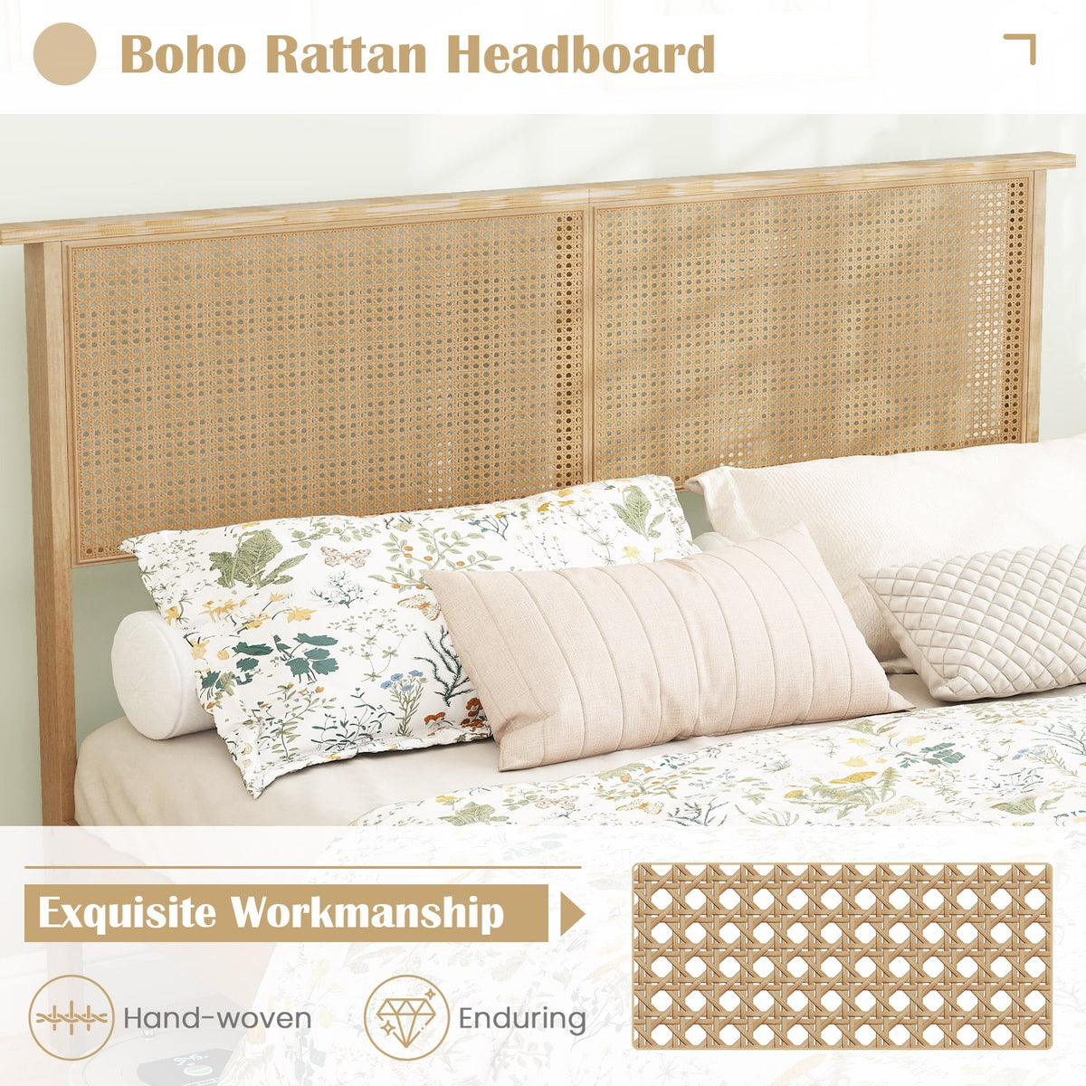 Twin/Full/Queen Size Bed Frame with Rattan Headboard-Queen Size-Simple Bed Frame-DECOROLALA