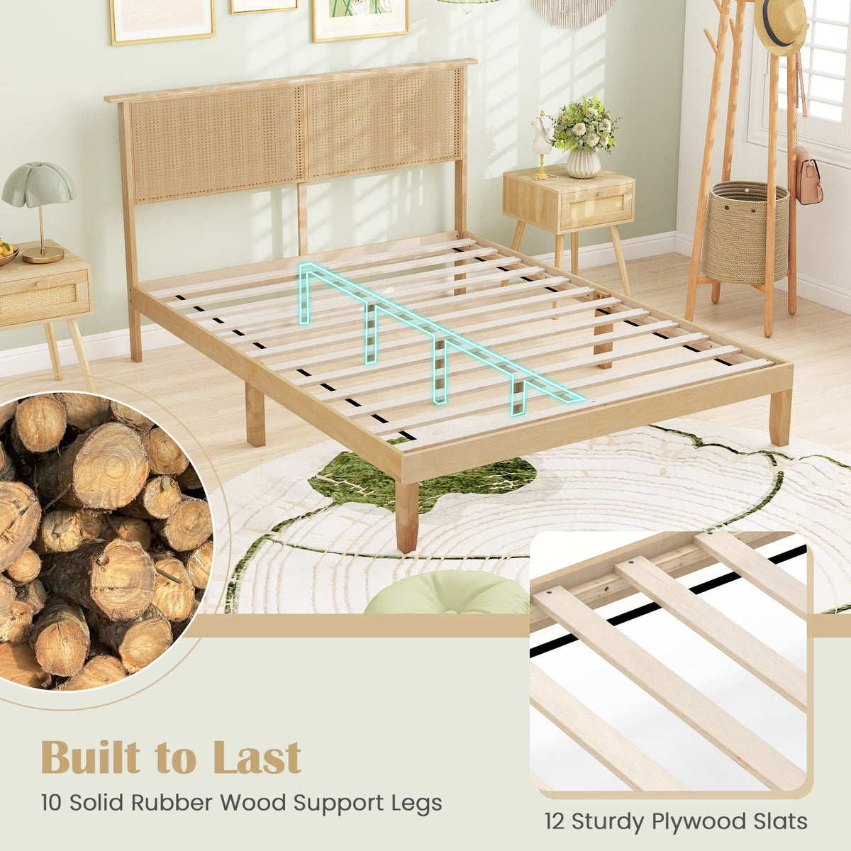 Twin/Full/Queen Size Bed Frame with Rattan Headboard-Queen Size-Simple Bed Frame-DECOROLALA