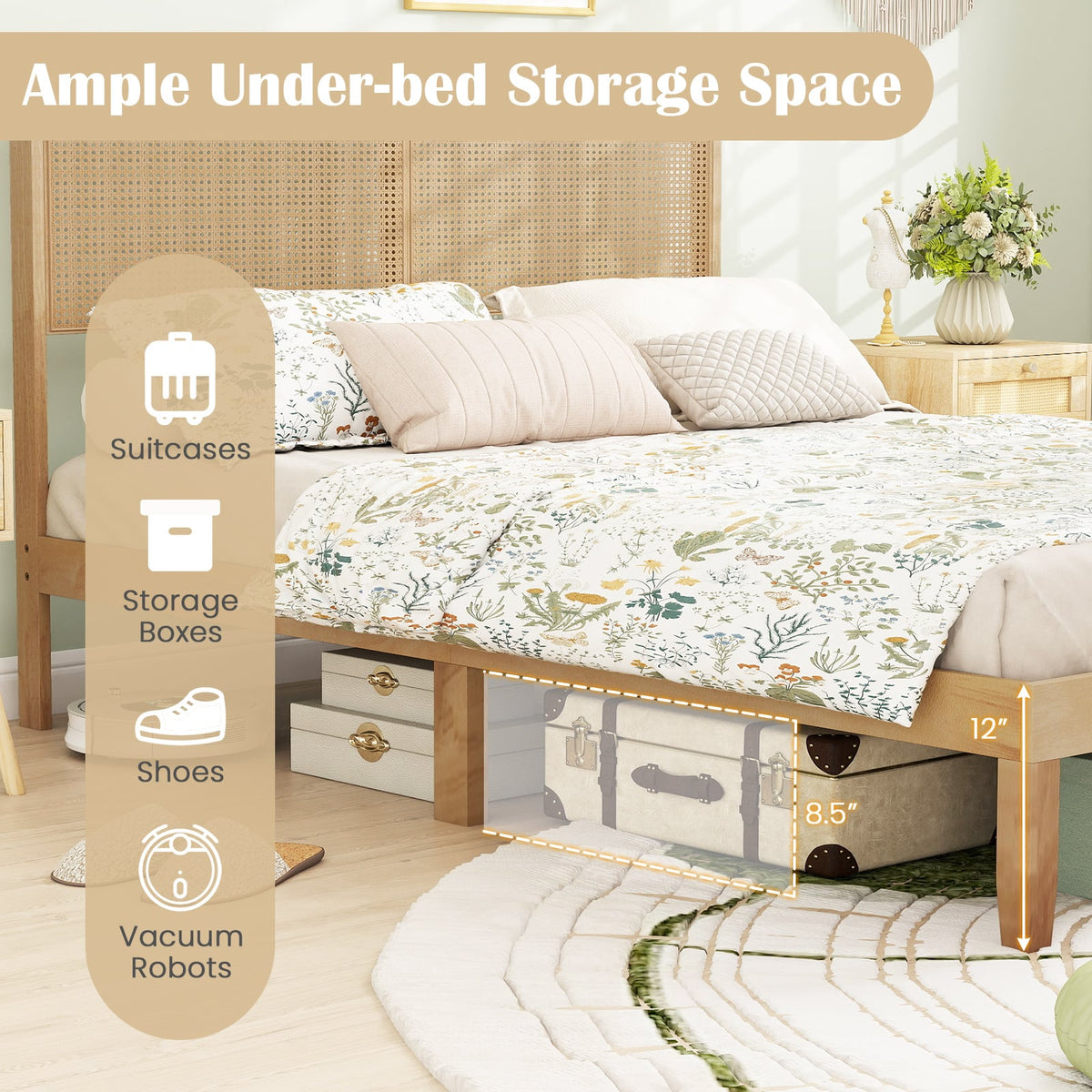 Twin/Full/Queen Size Bed Frame with Rattan Headboard-Queen Size-Simple Bed Frame-DECOROLALA