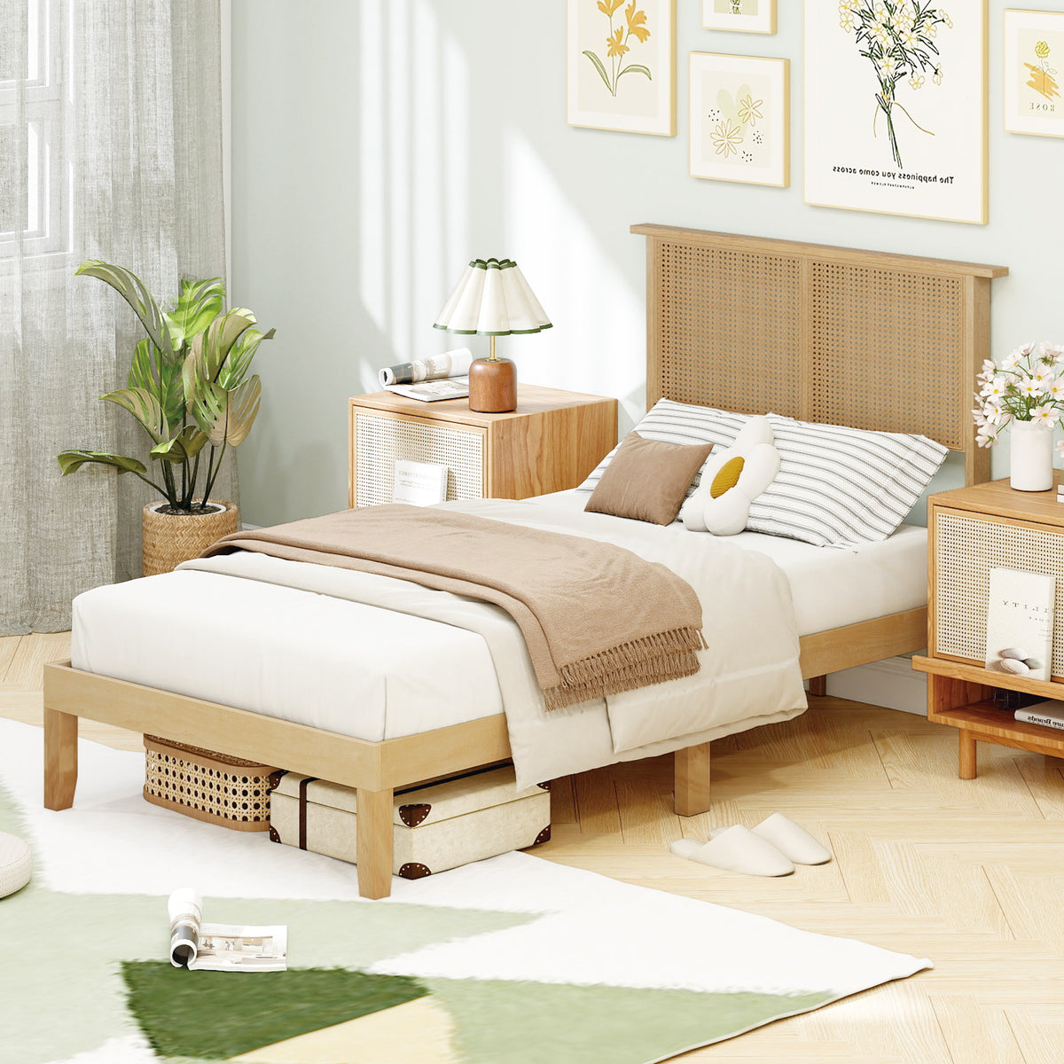 Twin/Full/Queen Size Bed Frame with Rattan Headboard-Twin Size-Simple Bed Frame-DECOROLALA
