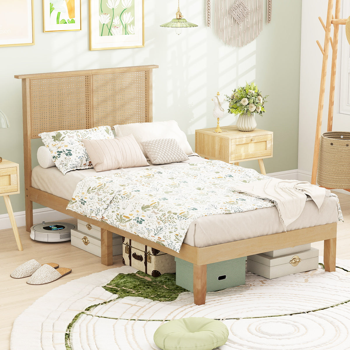 Twin/Full/Queen Size Bed Frame with Rattan Headboard-Twin Size-Simple Bed Frame-DECOROLALA
