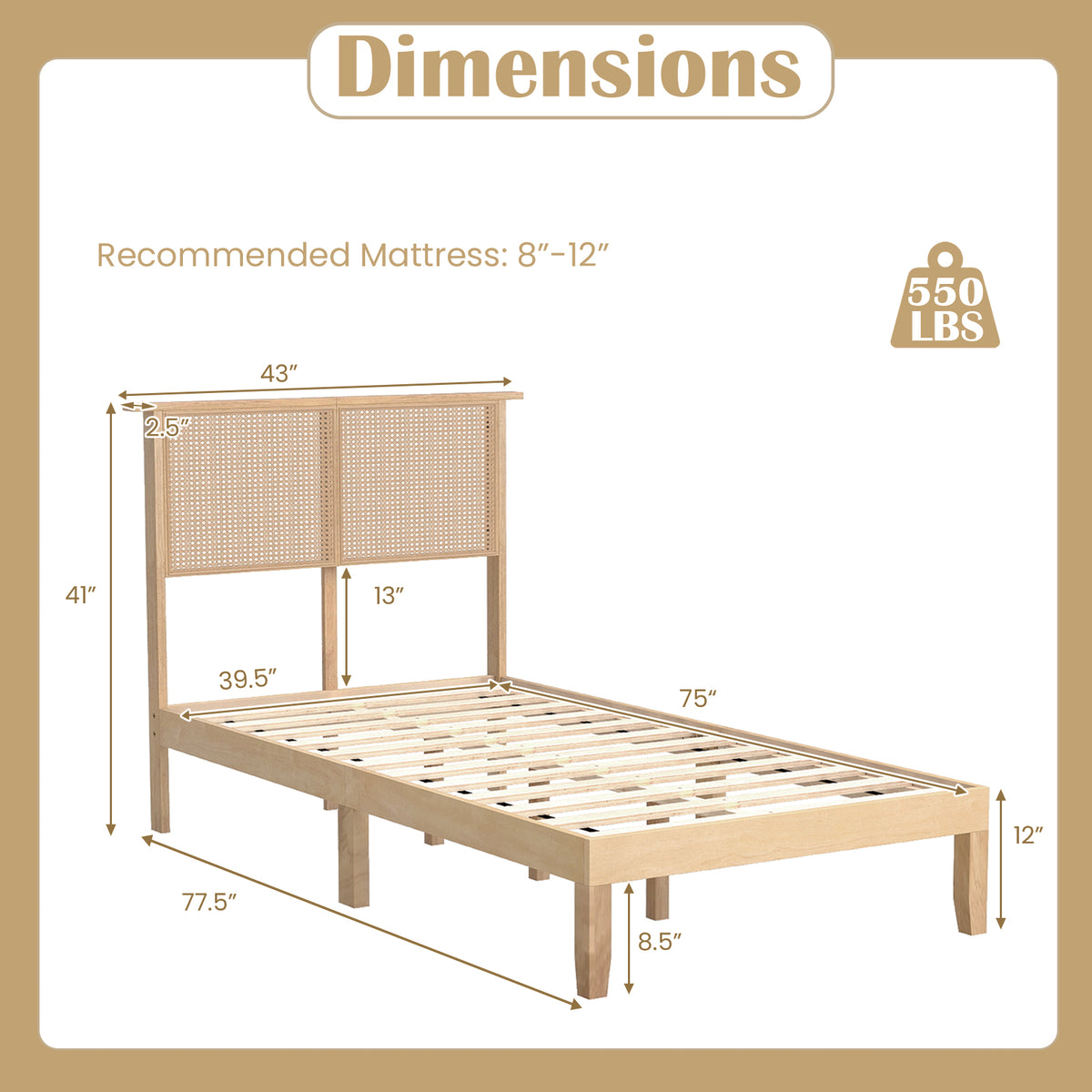 Twin/Full/Queen Size Bed Frame with Rattan Headboard-Twin Size-Simple Bed Frame-DECOROLALA