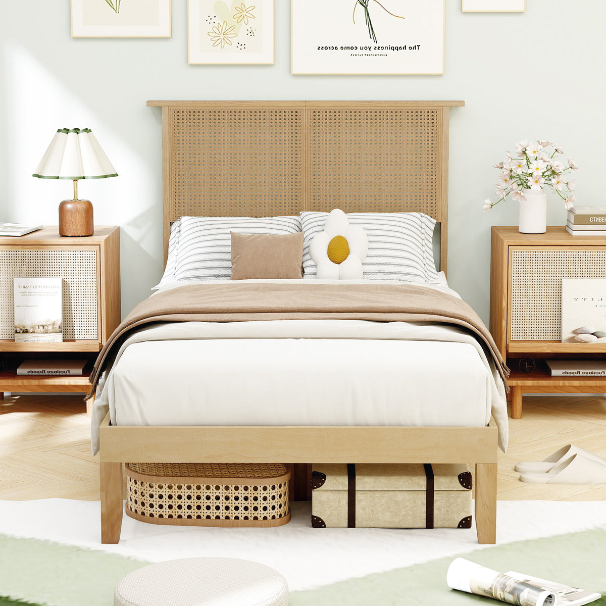 Twin/Full/Queen Size Bed Frame with Rattan Headboard-Twin Size-Simple Bed Frame-DECOROLALA