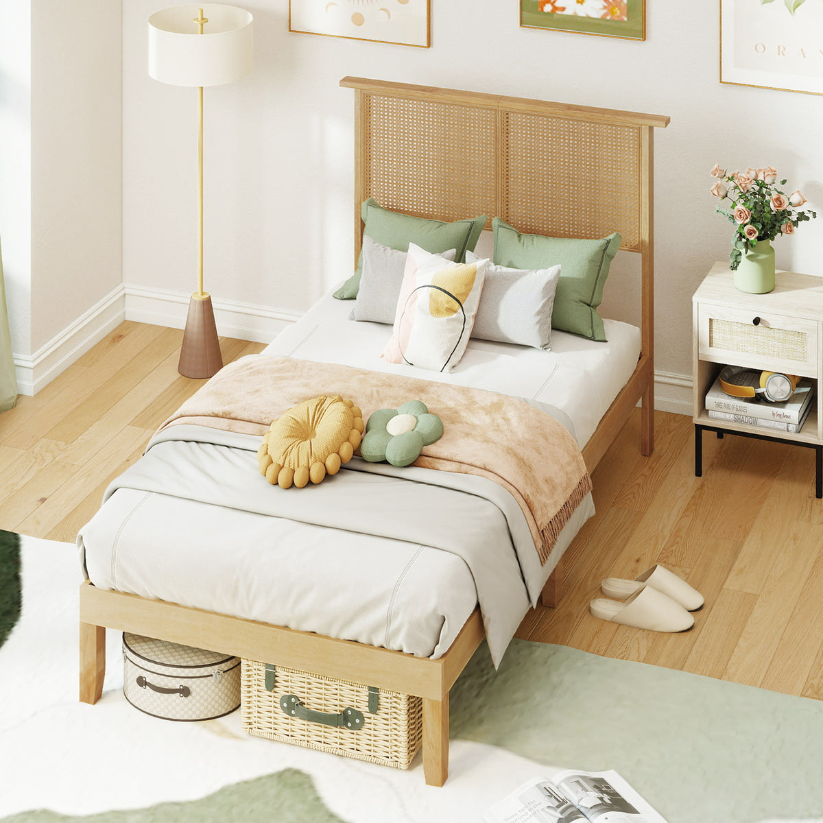 Twin/Full/Queen Size Bed Frame with Rattan Headboard-Twin Size-Simple Bed Frame-DECOROLALA