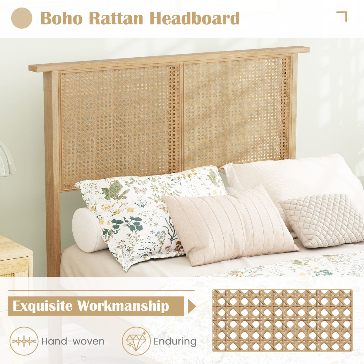 Twin/Full/Queen Size Bed Frame with Rattan Headboard-Twin Size-Simple Bed Frame-DECOROLALA