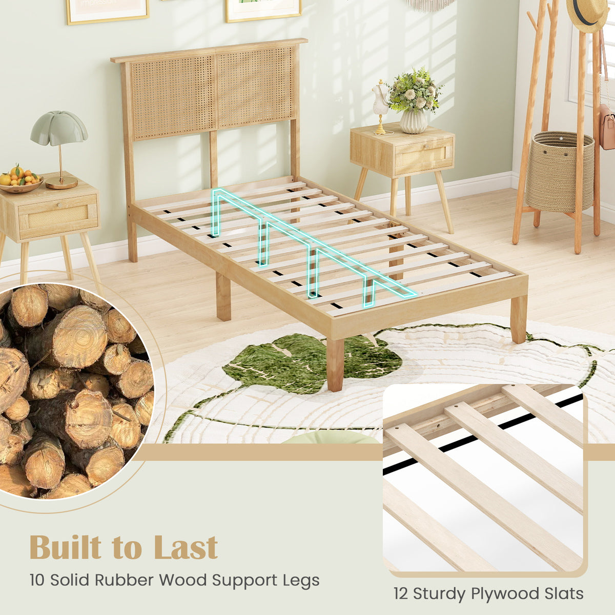Twin/Full/Queen Size Bed Frame with Rattan Headboard-Twin Size-Simple Bed Frame-DECOROLALA