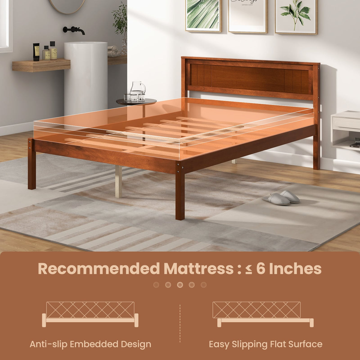 Twin/Full/Queen Size Bed Frame with Wooden Headboard and Slat Support-Full Size-Simple Bed Frame-DECOROLALA