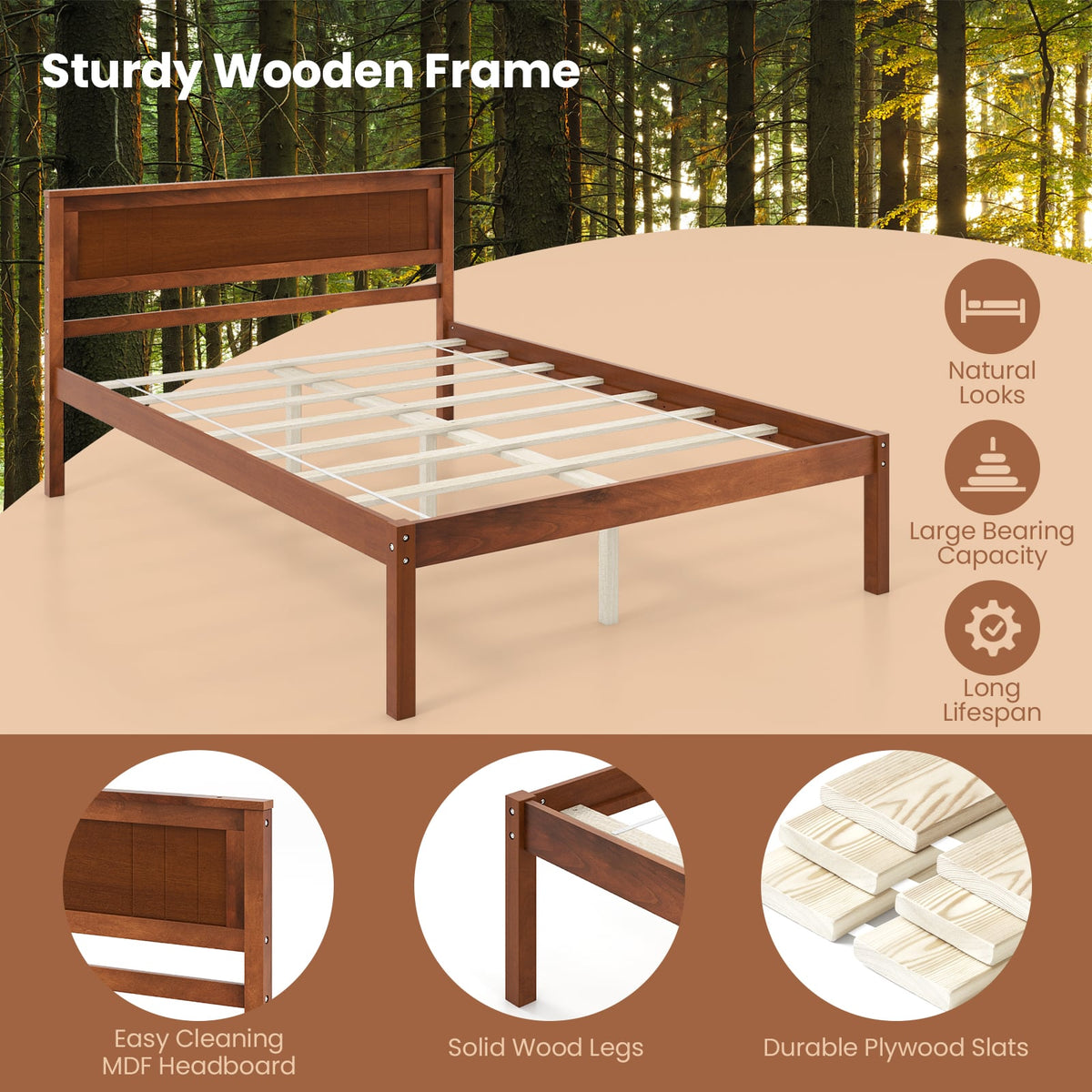 Twin/Full/Queen Size Bed Frame with Wooden Headboard and Slat Support-Full Size-Simple Bed Frame-DECOROLALA
