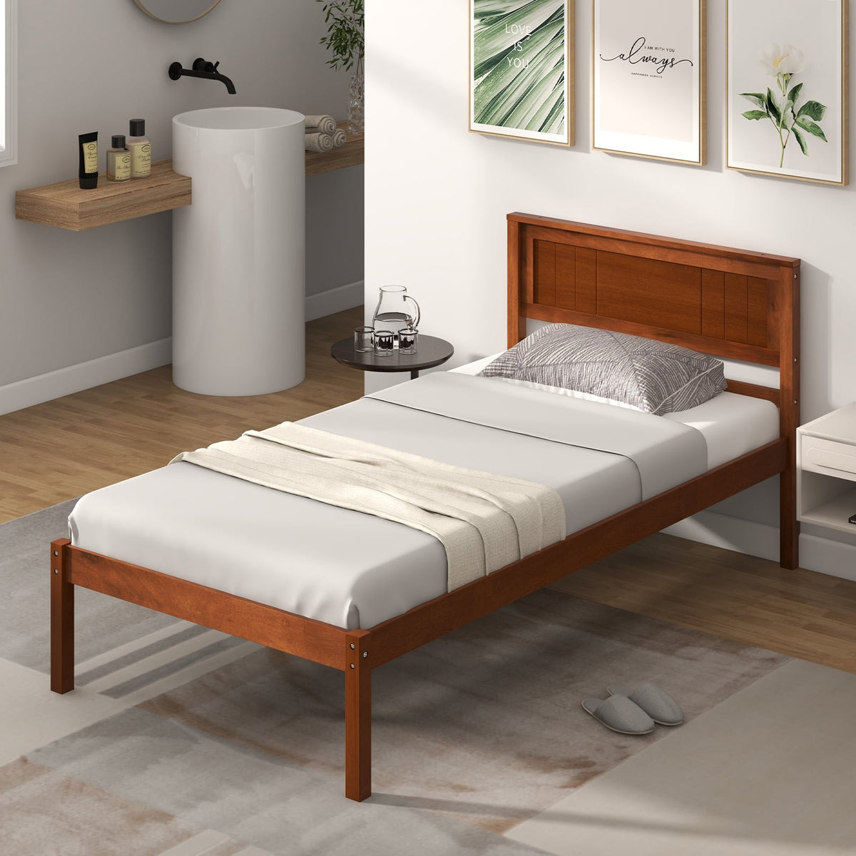 Twin/Full/Queen Size Bed Frame with Wooden Headboard and Slat Support-Twin Size-Simple Bed Frame-DECOROLALA