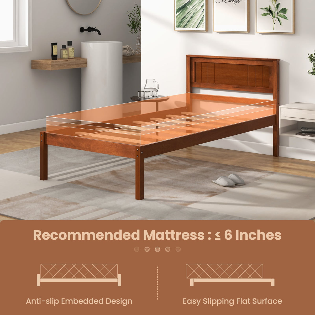 Twin/Full/Queen Size Bed Frame with Wooden Headboard and Slat Support-Twin Size-Simple Bed Frame-DECOROLALA