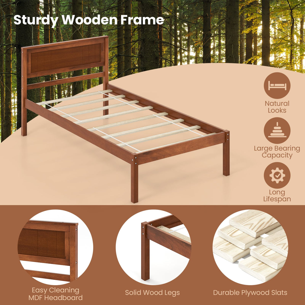 Twin/Full/Queen Size Bed Frame with Wooden Headboard and Slat Support-Twin Size-Simple Bed Frame-DECOROLALA