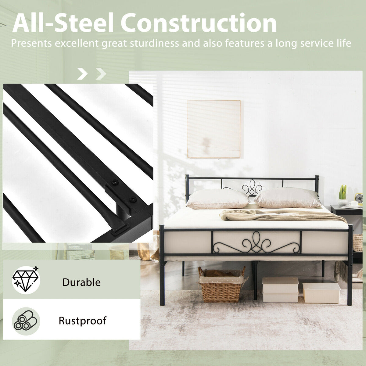 Twin/Full/Queen Size Metal Bed Frame with Headboard and Footboard-Full Size-Simple Bed Frame-DECOROLALA