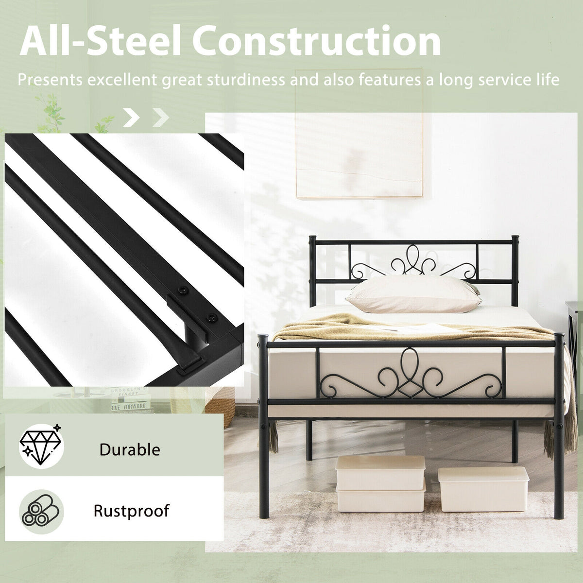 Twin/Full/Queen Size Metal Bed Frame with Headboard and Footboard-Twin Size-Simple Bed Frame-DECOROLALA