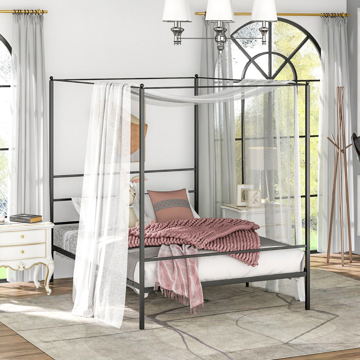 Twin/Full/Queen Size Metal Canopy Bed Frame with Slat Support-Queen Size-Simple Bed Frame-DECOROLALA