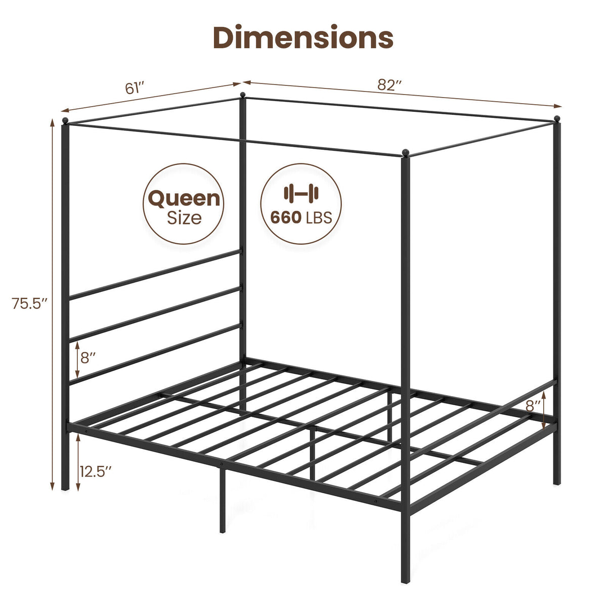 Twin/Full/Queen Size Metal Canopy Bed Frame with Slat Support-Queen Size-Simple Bed Frame-DECOROLALA