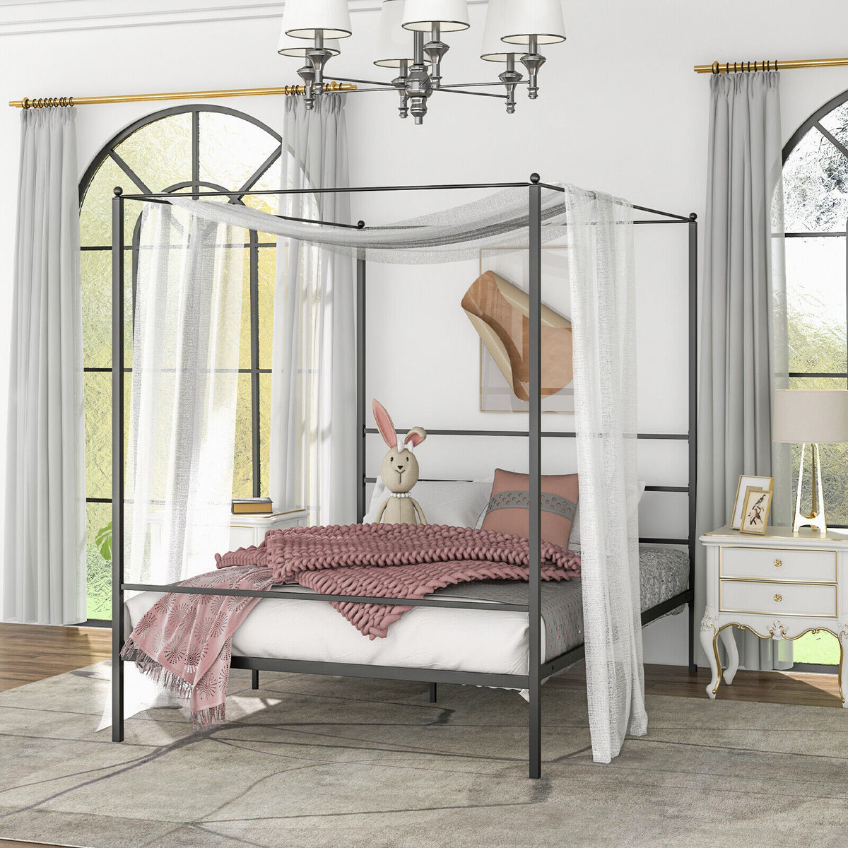 Twin/Full/Queen Size Metal Canopy Bed Frame with Slat Support-Queen Size-Simple Bed Frame-DECOROLALA