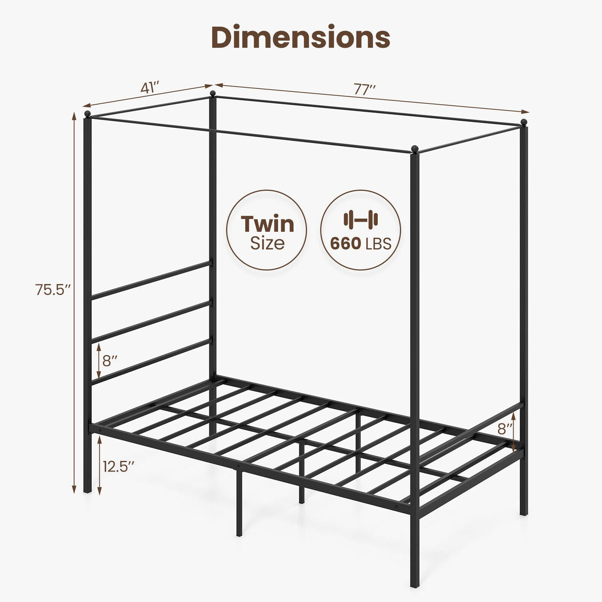 Twin/Full/Queen Size Metal Canopy Bed Frame with Slat Support-Simple Bed Frame-DECOROLALA